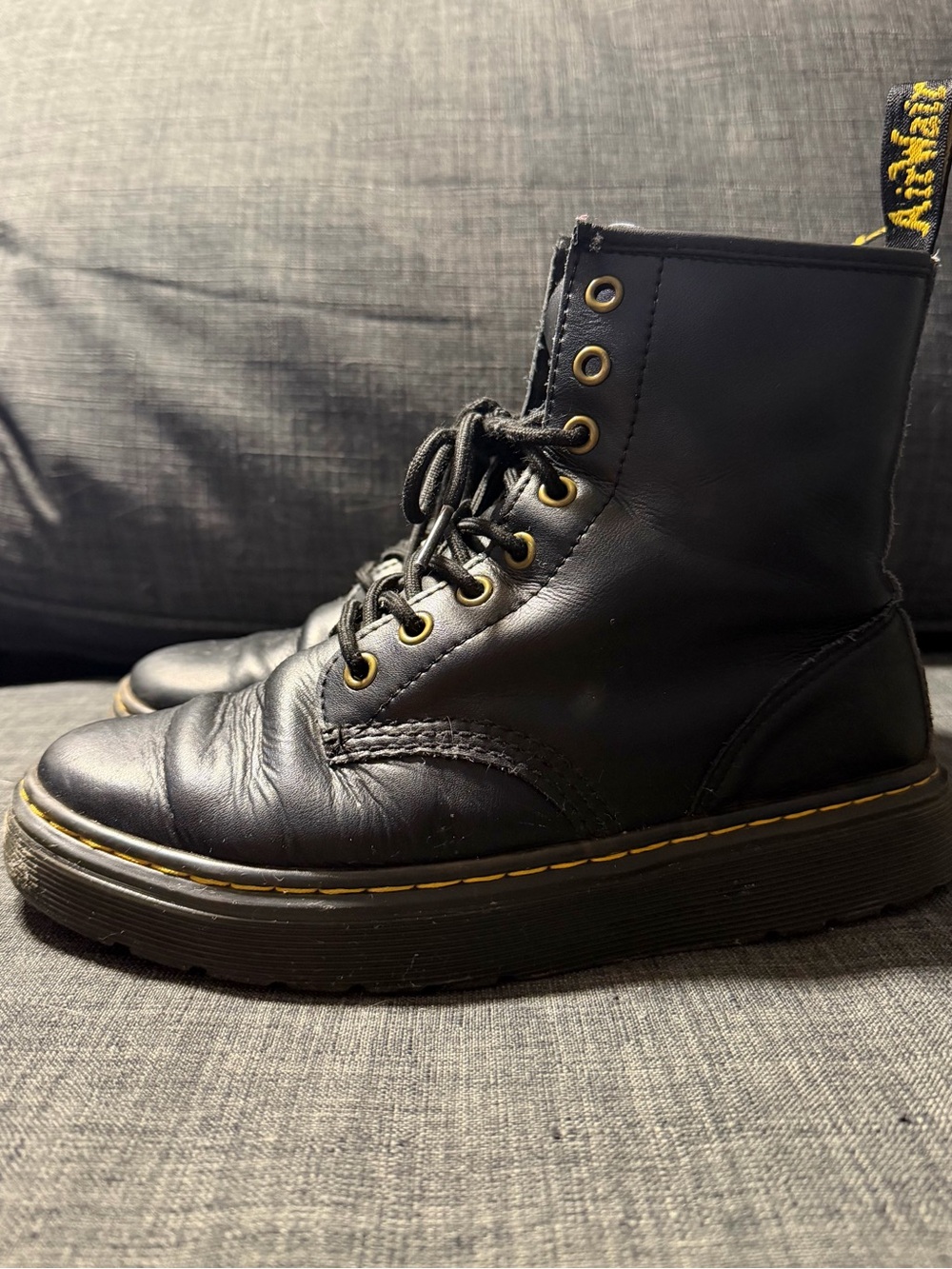 Dr. Martens Black Leather Lace-Up Boots with Yellow Stitching